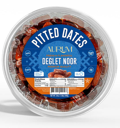Aurum Tunisian Pitted Deglet Noor Dates 340g in clear plastic container with blue and orange label