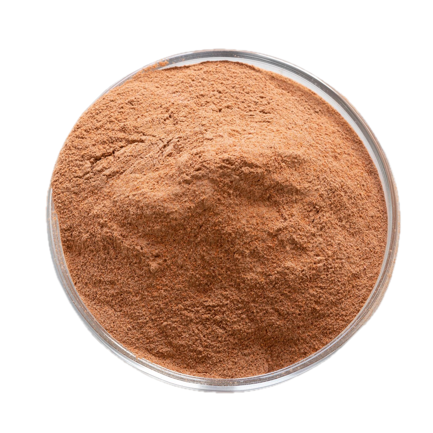Aurum organic Tunisian date powder in a glass bowl on white background, natural unrefined date sugar